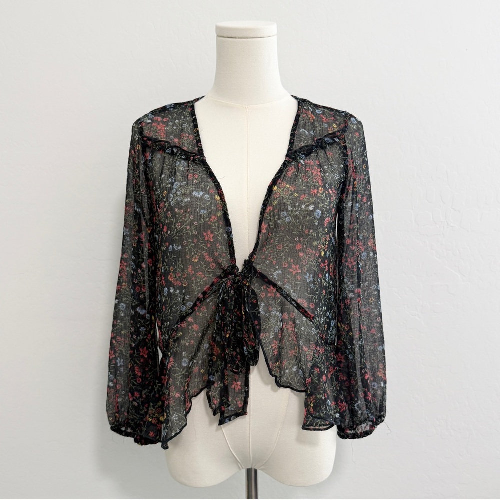 American Eagle Outfitters Sheer Floral Tie Front Blouse